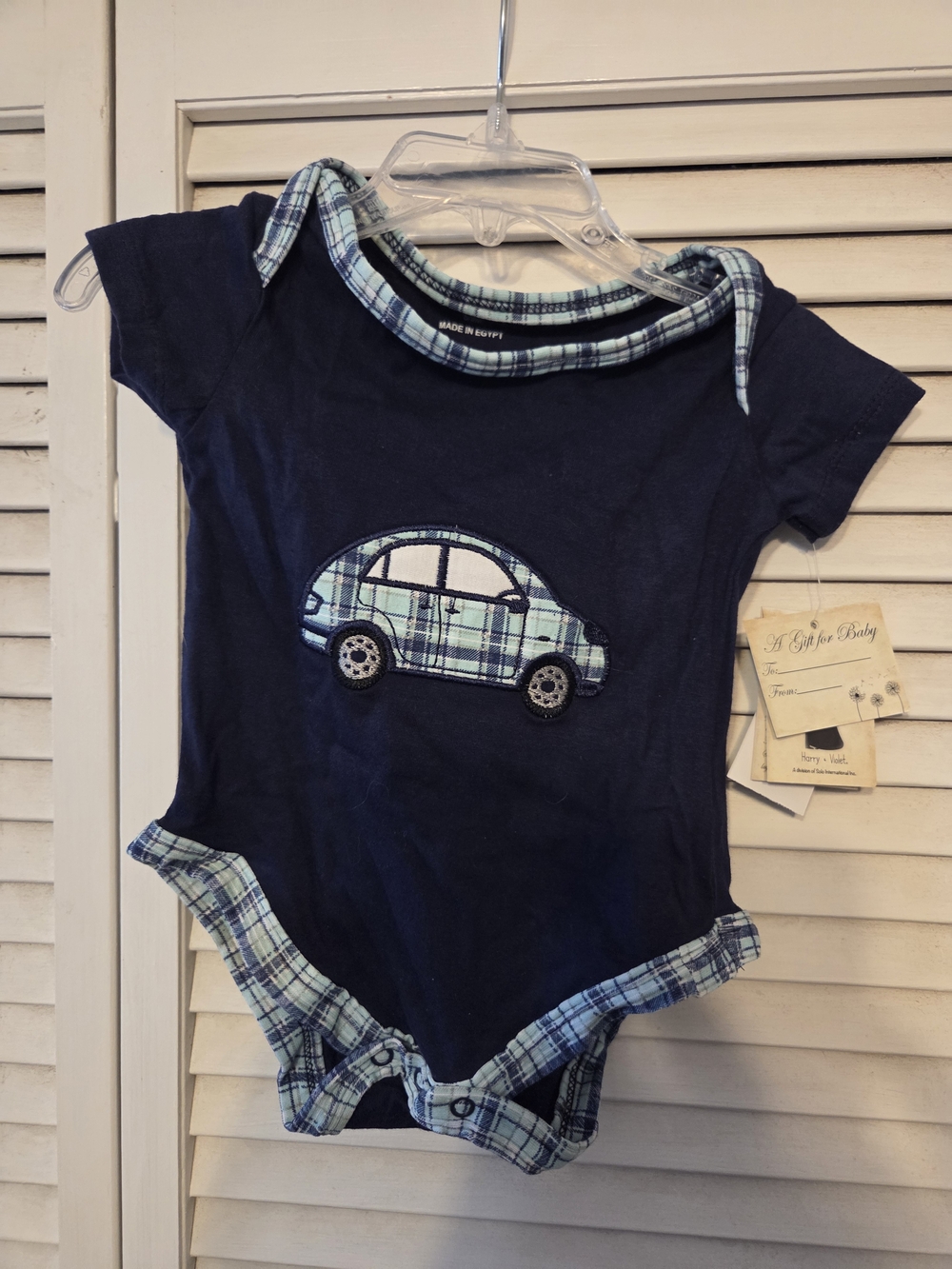 Baby Boys Navy Blue Plaid Car Short-Sleeve Bodysuit Size: 6/9 Months